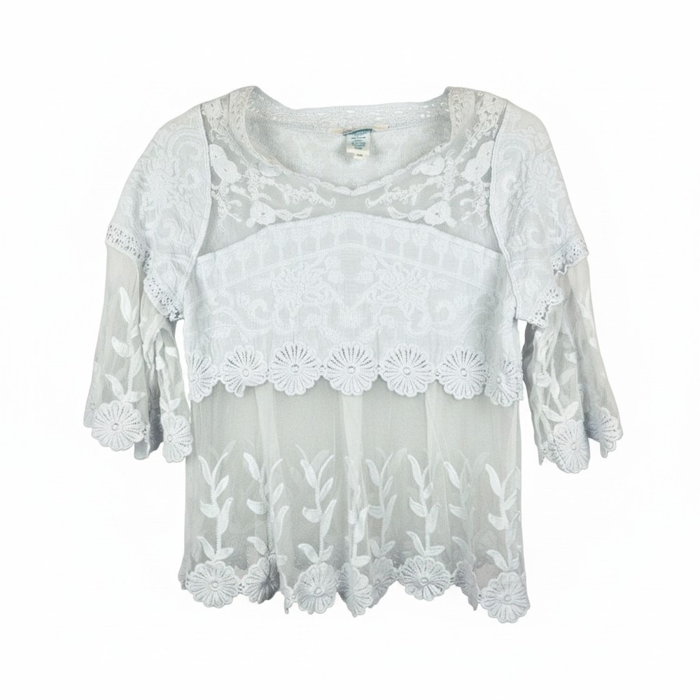 Sundance Lace Sheer Embroidered Baby Blue Top Women's XS Boho Chic Romantic